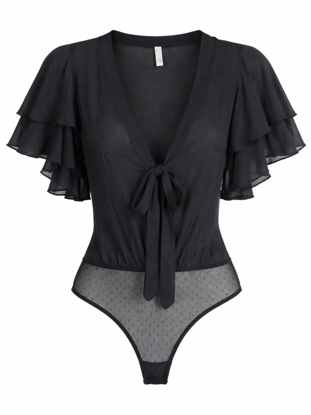 Free People Uptown Girl Flutter Bodysuit Black Tie Front Sheer RuffleSleeve Sz M